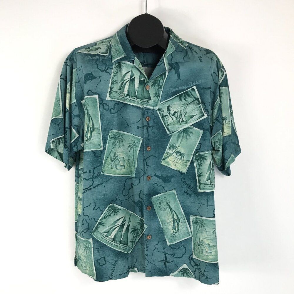 Tommy Bahama Postcard Print Hawaiian Shirt Men's Medium 100% Silk Short Sleeve